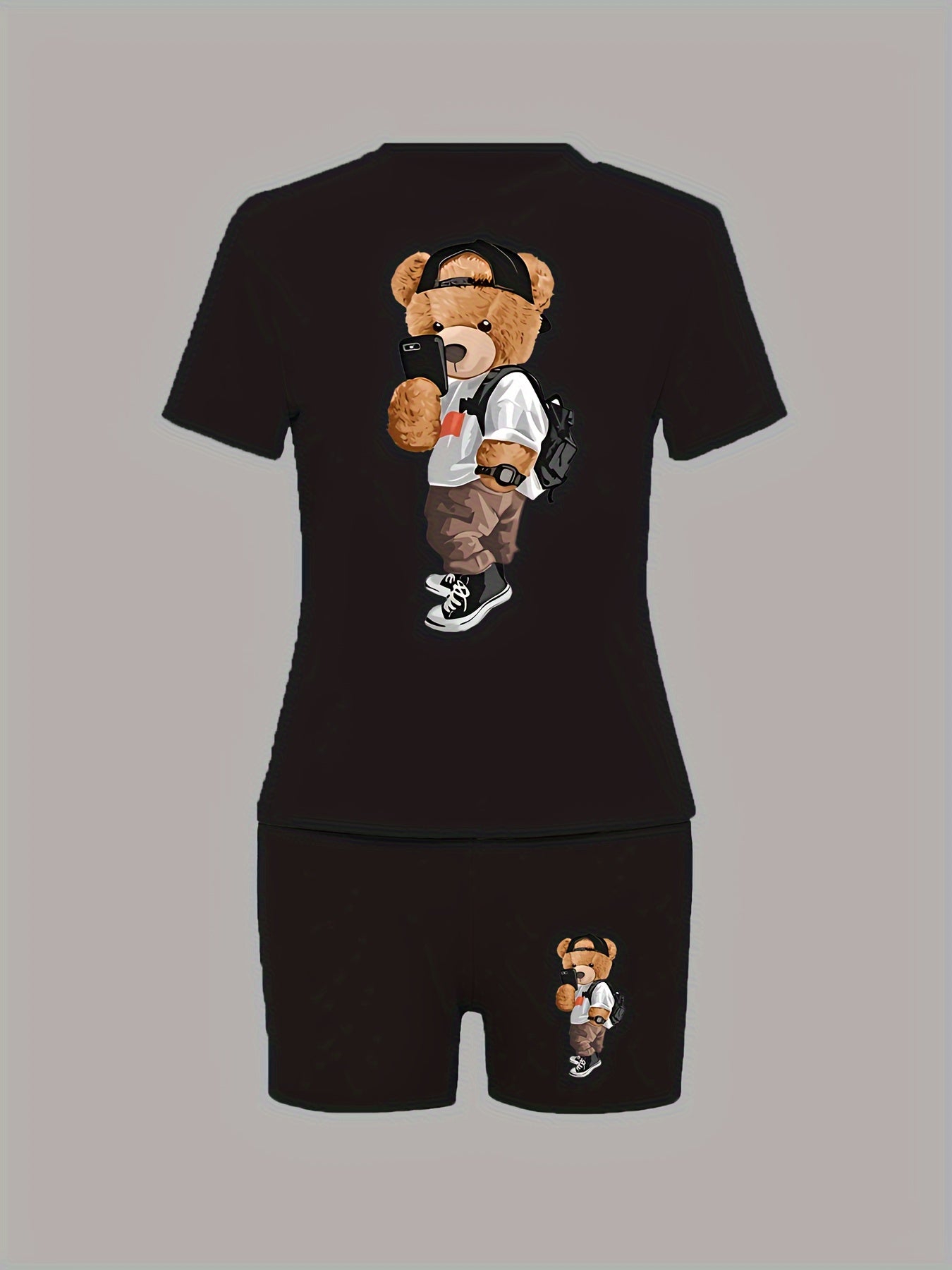 Bear Print Summer & Spring Casual Two-piece Set, Crew Neck Short Sleeve Top & Shorts Outfits - Women's Clothing - Breathable & Comfortable Fabric - Perfect for Casual Outings, Vacation & Daily Wear - Ideal Gift for Women